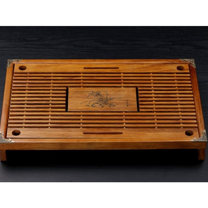 Khay trà gỗ hình chữ nhật bọc đồng 4 góc hàng cao cấp loại 1 có hộp và giỏ đựng 43x28x5 cm