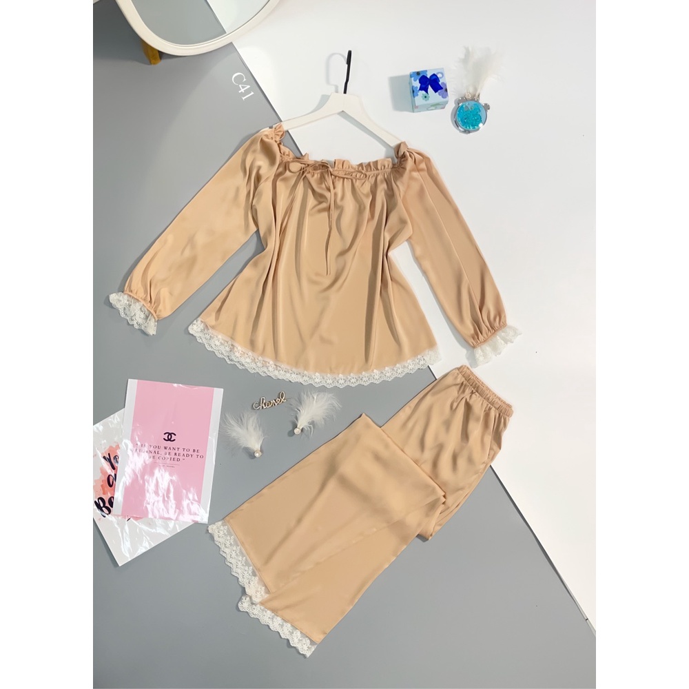 (Freeship 50K) Bộ Lụa Mặc Nhà Cao Cấp Tay Dài Bẹt Vai Phối Ren Tiểu Thư Vải Lụa Latin Siêu Mềm Freesize Dưới 60kg