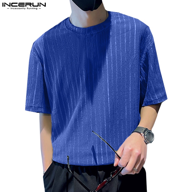 INCERUN Áo Thun Dệt Kim Cổ Tròn Dáng Rộng Màu Trơn Họa Tiết Kẻ Sọc Thời Trang Mùa Hè Cho Nam