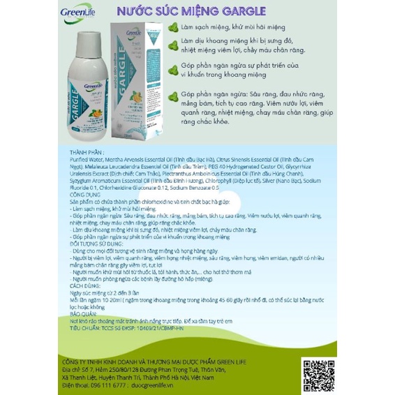 Nước súc miệng GARGLE GreenLife hương tinh dầu Bạc Hà, Cam Thảo, Tràm giúp thơm miệng, chống sâu răng, lọ250ml