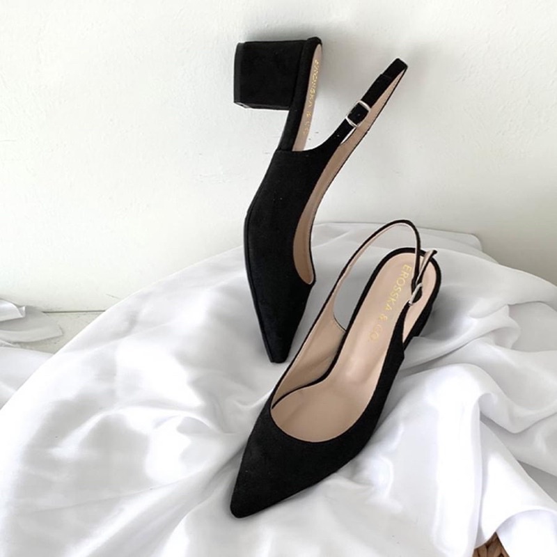 Giày sandal nữ cao gót 5 phân và 3 phân mũi nhọn chất liệu xi lộn Anna gót vuông kiểu dáng slingback _A064034