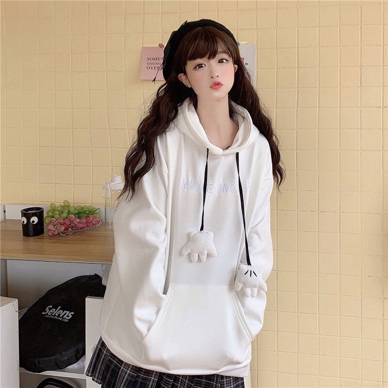 Áo Hoodie Dáng Rộng Phối Tai Thỏ Dễ Thương Phong Cách Hàn Quốc Cho Nữ