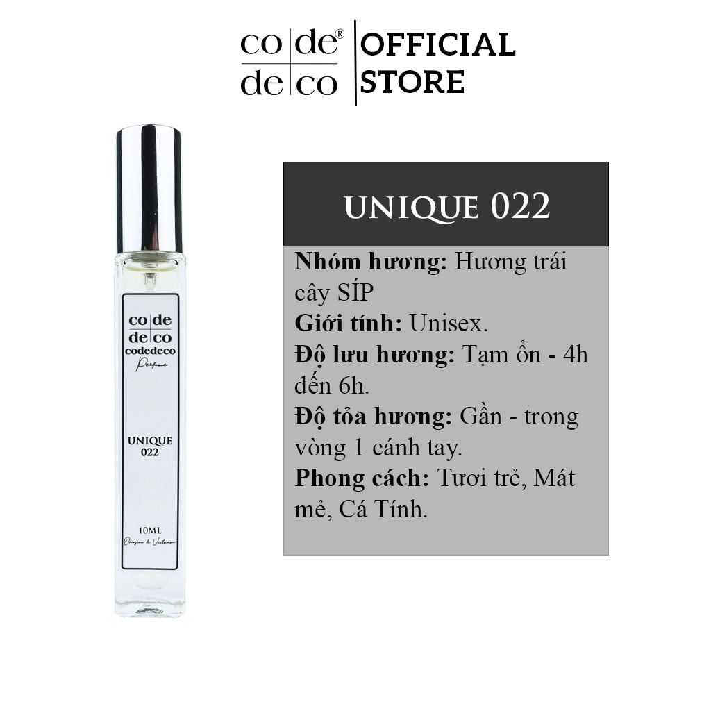 Tinh dầu nước hoa Code Deco Unique 022 - 10ml, Tươi trẻ, Mát mẻ, Cá Tính