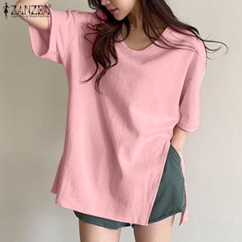 Áo thun ZANZEA cổ tròn xẻ tà thời trang Hàn Quốc cho nữ