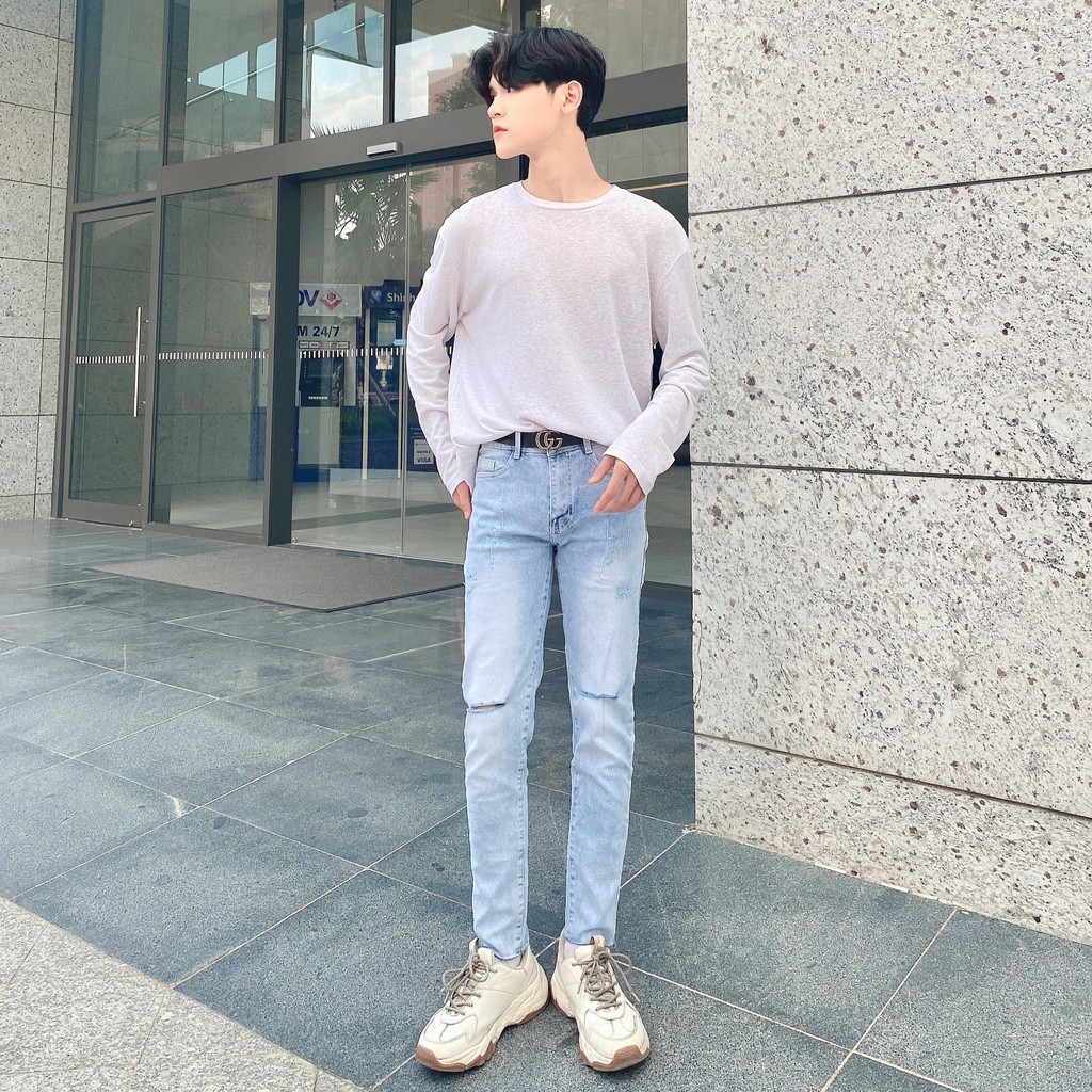 Quần Jean Nam Màu Xanh Nhạt ✅Rách Gối ✅Jean Co Dãn [Freeship] Cam Kết Đổi Trả TRENDYSTORE [#1991] | BigBuy360 - bigbuy360.vn