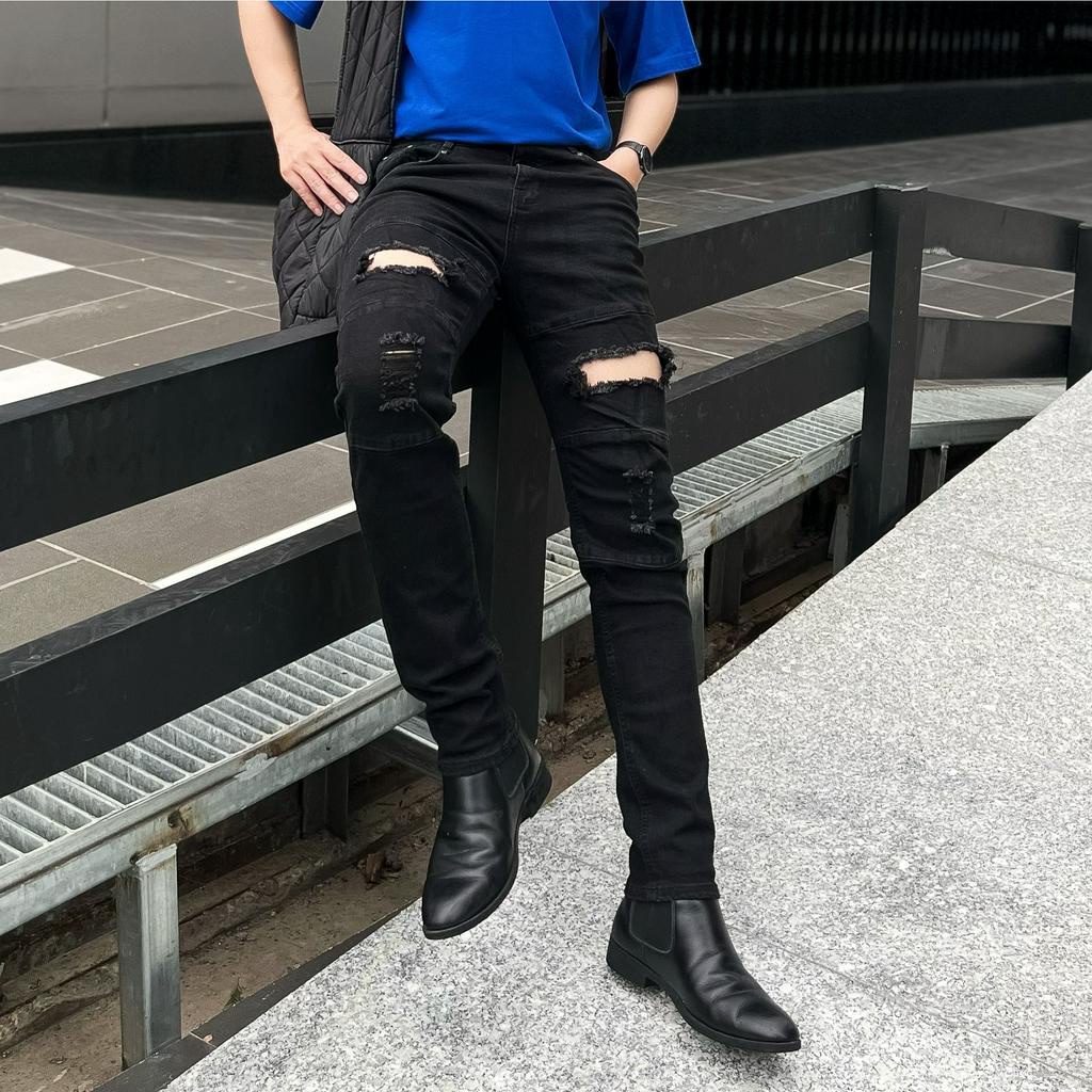 Quần jean nam rách gối xanh zipper (QJ3)