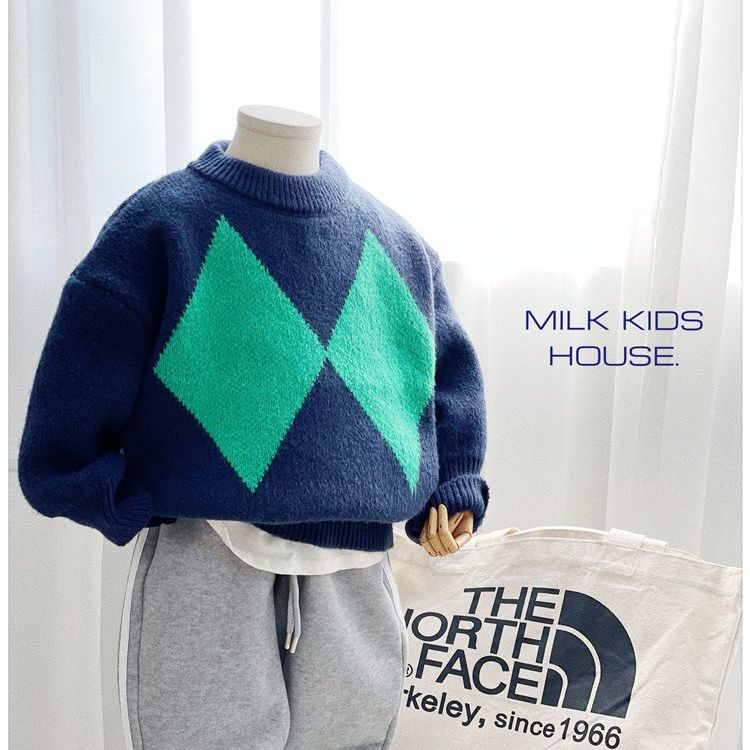 Sữa trẻ em. Kẻ Caro Màu Tương Phản!Áo Sweater Dày Chui Đầu Kiểu Retro Thời Trang Mùa Đông Ấm Áp Cho Bé Trai