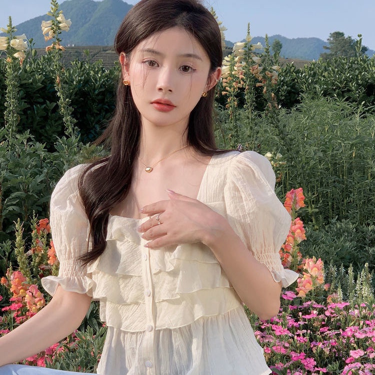 Áo Chiffon Ngắn Tay Cổ Vuông Màu Sắc Trơn Thời Trang Cho Nữ  tao bao
