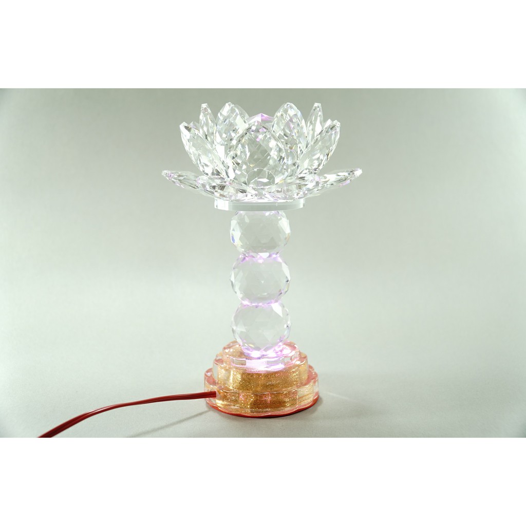 Đèn thờ Phật điện pha lê nguyên khối hoa sen đèn thờ led đổi màu trụ tròn tầng cao cấp - Cao 20cm