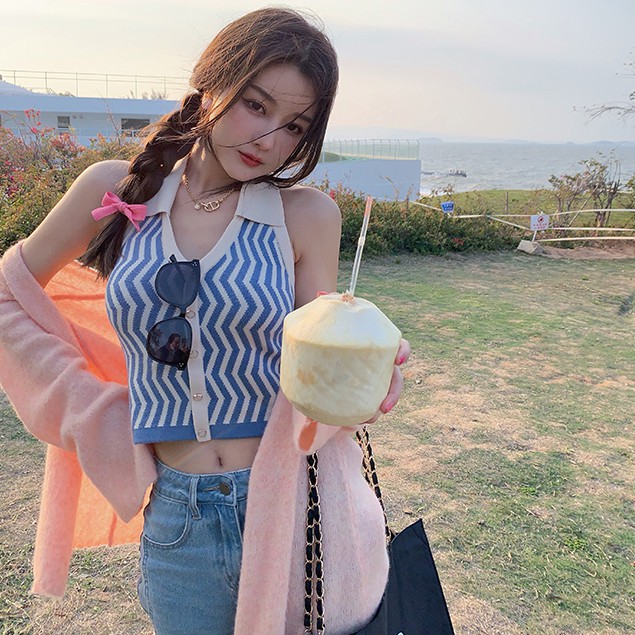 Áo Yếm Dệt Kim Cổ Chữ V Kẻ Sọc Màu Tương Phản Kiểu Dáng Quyến Rũ Cho NữCrop Tops