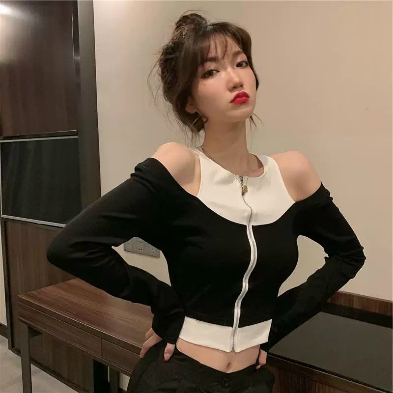 Áo croptop nữ cổ trụ 3 lỗ liển thân bẹt vai tay dài kéo dây cực đẹp cho cô nàng năng động ba