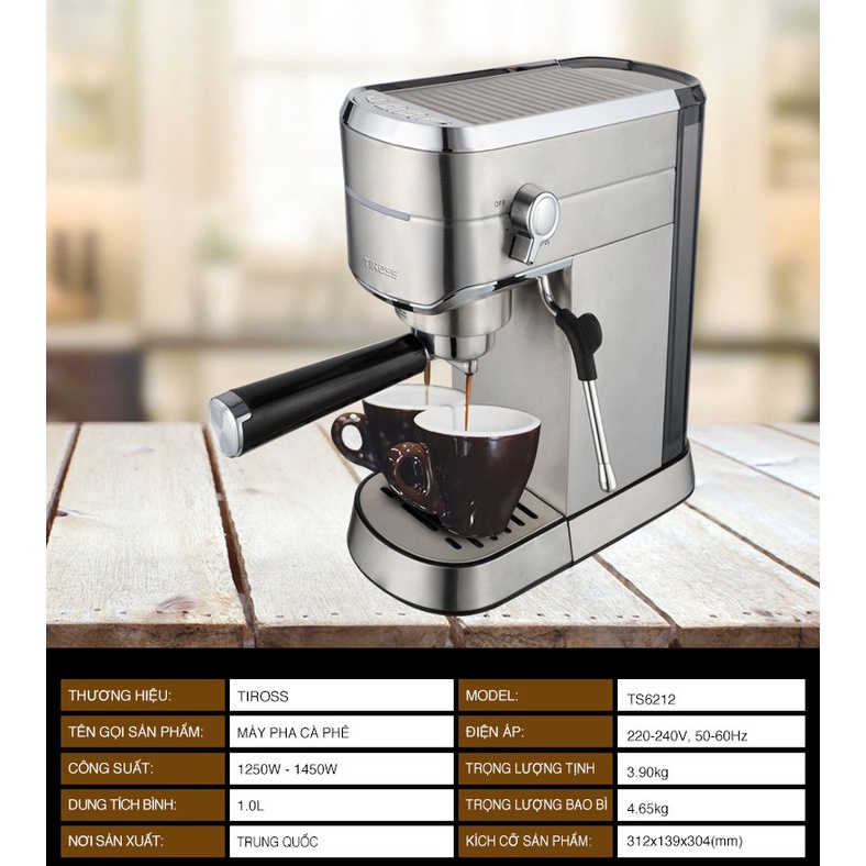 Máy pha cà phê, máy pha cafe tự động Tiross TS621/TS6211/TS6212, Công suất 1100-1450W, , Bảo hành chính hãng 12 tháng