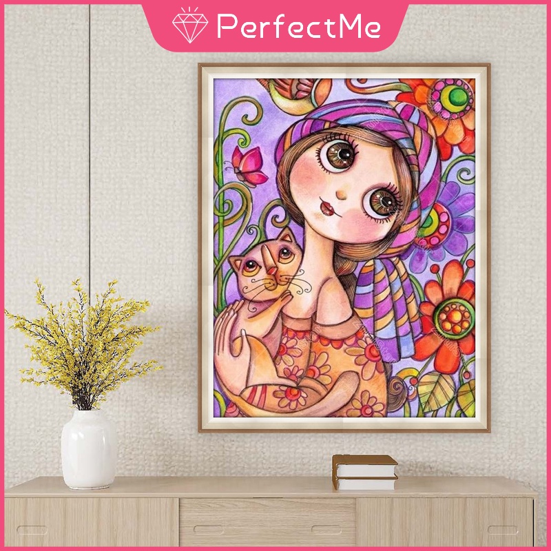 Bộ tranh đính đá 5D tự làm 30 X 40cm hình cô gái và mèo hoạt hình