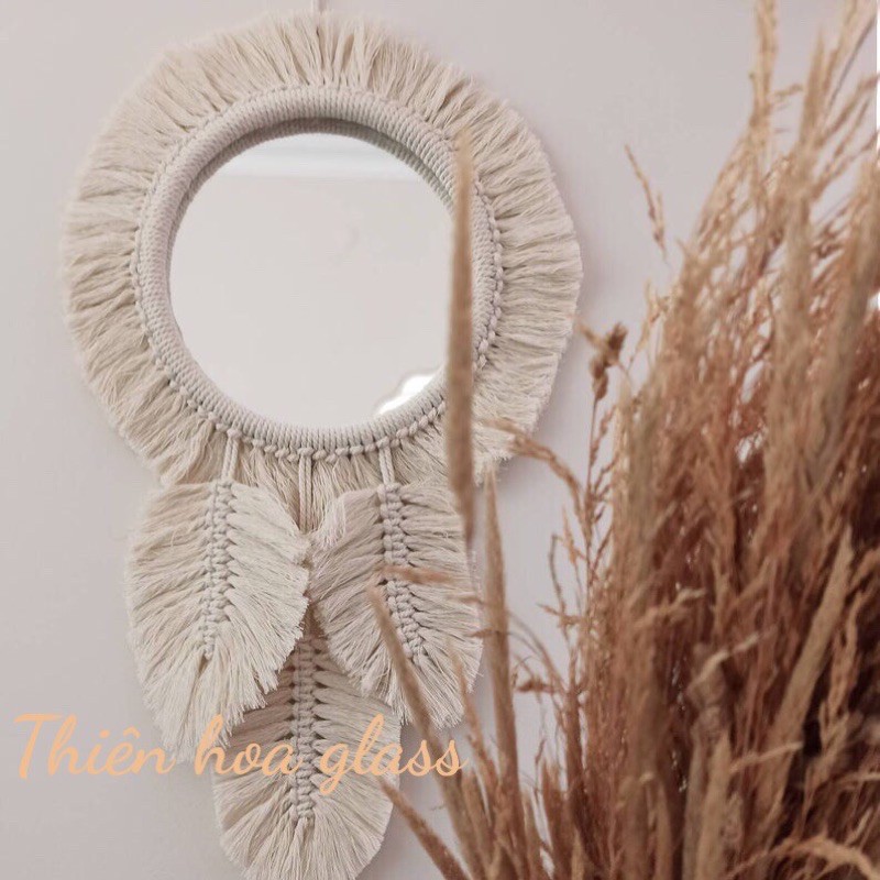 Gương treo tường tròn treo tường macrame viền vải trang trí phong cách Tây âu