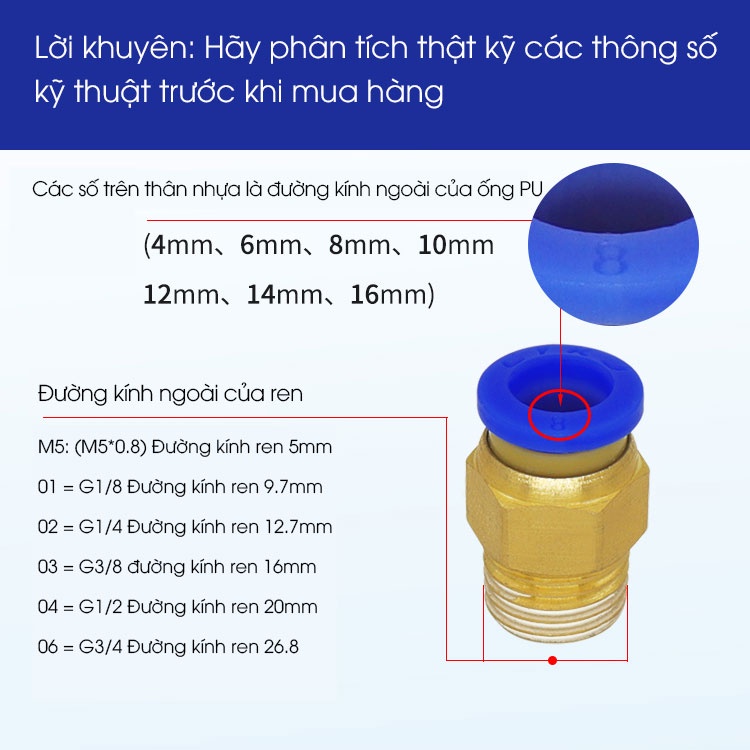 Đầu nối nhanh khí nén PC các loại / Cút nối nhanh / Khớp nối nhanh 4 6 8 10 12 14 16 MM / Nối phun sương / Đầu nối hơi