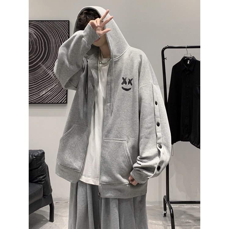 Áo Khoác Cardigan Có Mũ Trùm Đầu Dáng Rộng Họa Tiết Mặt Cười Thiết Kế Mới Thời Trang Xuân Thu Hàn Quốc Cho Nam