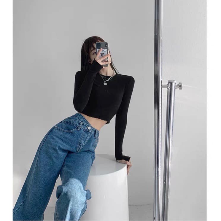 Quần bò ống rộng nữ [freeship] Quần bò jeans cạp khuy lệch ống suông