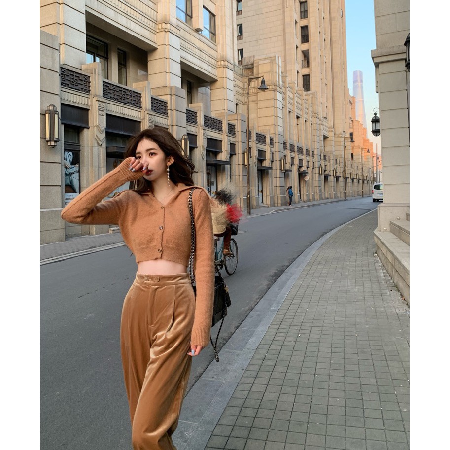 Set áo len lông mịn + quần cạp cao ống suông nhung nữ tính HS109 Hỉn Hỉn Store