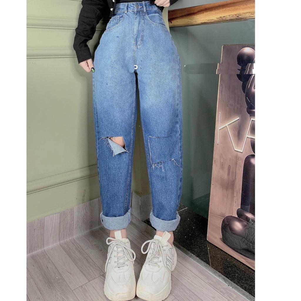 QUẦN BAGGY JEANS NỮ LƯNG CAO LOANG MÀU XANH ĐẬM RÁCH VẠT PHẢI 2 SỌC TRÁI DÀY DẶN MỀM MỊN PHONG CÁCH NITIQC SIÊU NGẦU