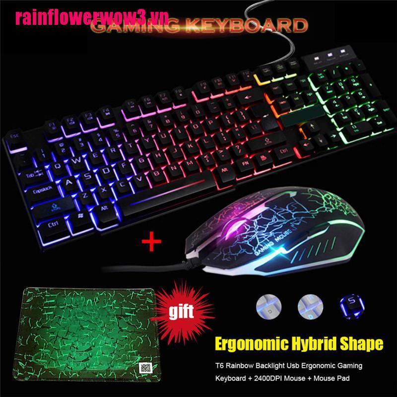 Bộ Chuột Và Bàn Phím Chơi Game T6 Gắn Đèn LED Nền Màu Cầu Vồng Usb Độc Đáo