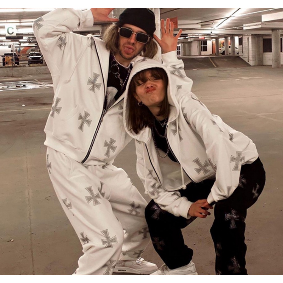 Set Áo Hoodie Dài Tay Đính Đá + Quần Dài Phong Cách Hiphop Thời Trang Hàn Quốc