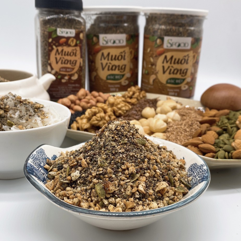 [có muối hồng] Muối vừng 9 loại hạt Sfood( gồm: macca, điều, óc chó, hạnh nhân, lanh, bí, lạc...) 500gram
