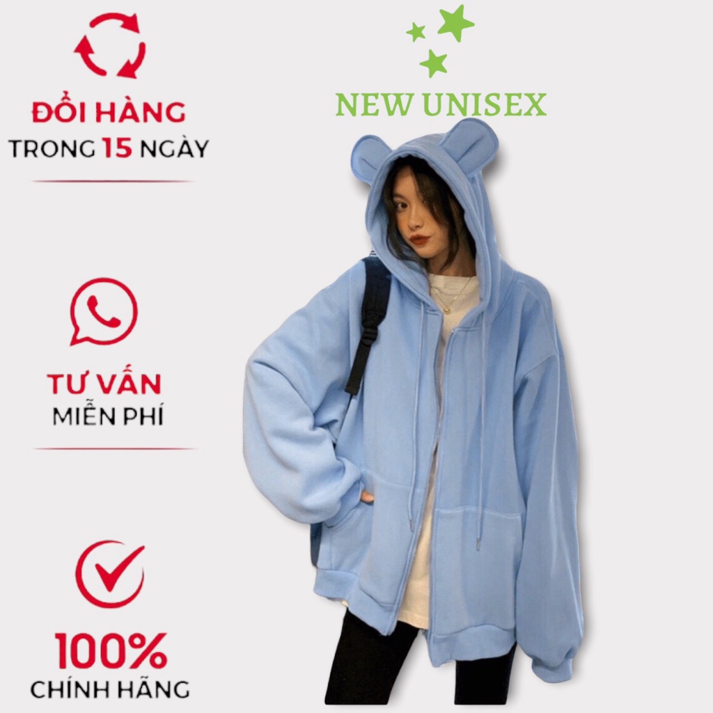 Áo khoác nữ Hoodie form rộng Khóa Dây Kéo Ngoại Trơn Tai Thỏ bông mềm TP [NewUnisex]