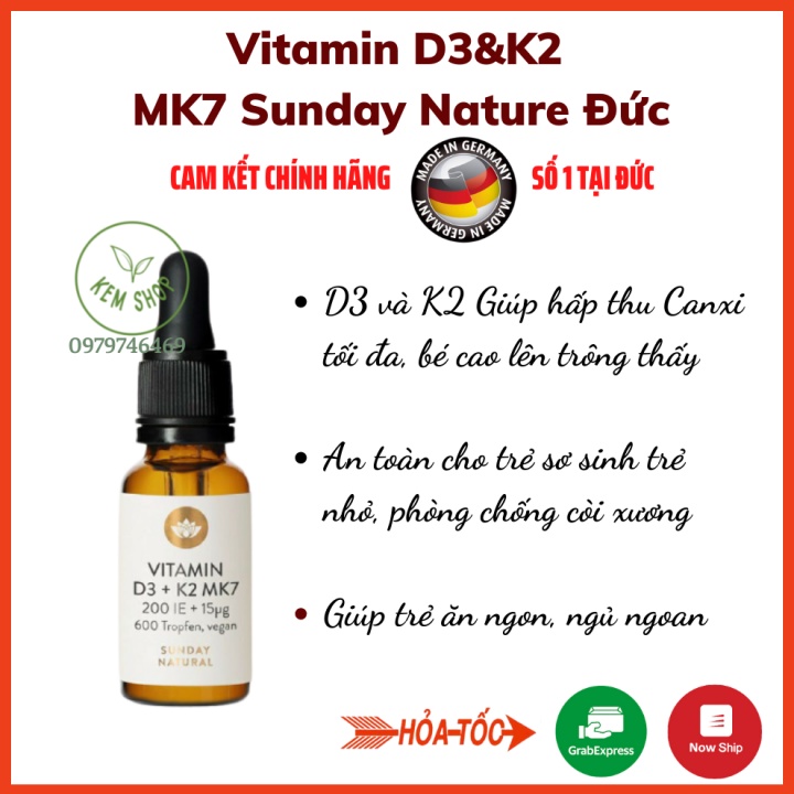 [CHUẨN AUTH] Vitamin D3 K2 MK7 Sunday Natural Đức 20ml Cho Trẻ Từ Sơ Sinh Đến 4 Tuổi, Tăng Hấp Thụ Canxi tăng chiều cao