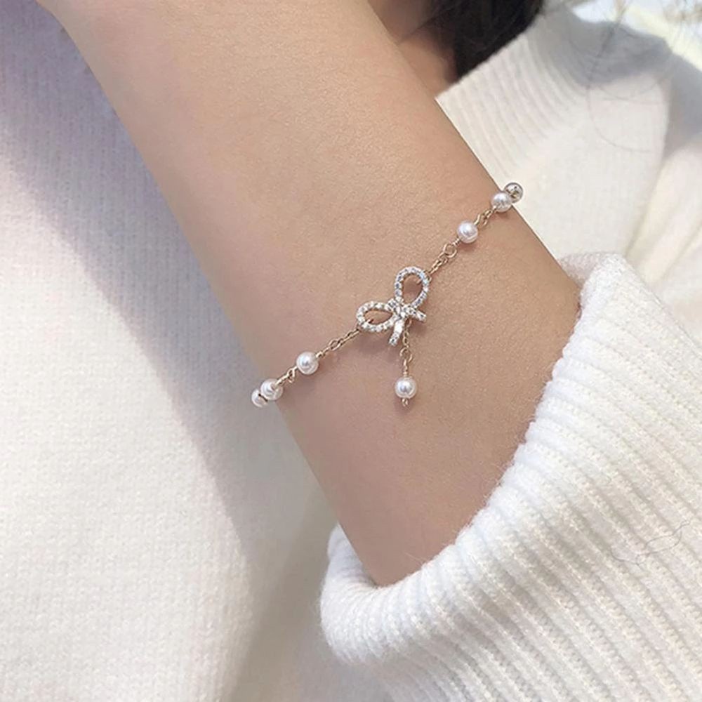 Vòng Tay Hình Nơ Đính Ngọc Trai Phong Cách Hàn Quốc Thời Trang Cho Nữ