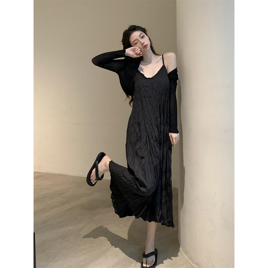 Đầm Dài Trung Bình Hai Dây + Áo Khoác Cardigan Dài Tay Chống Nắng 61518