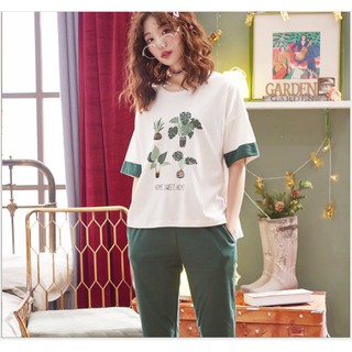 Bộ mặc nhà nữ mùa hè cotton dáng lửng