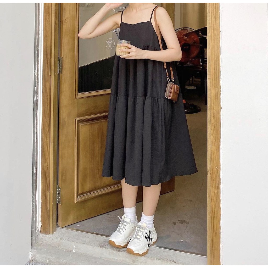 Váy Babydoll 3 Tầng Màu PEONYB Nữ [FREESHIP]  Đầm 2 dây suông dáng dài trẻ trung basic ĐEN | TRẮNG | BE Ulzzang