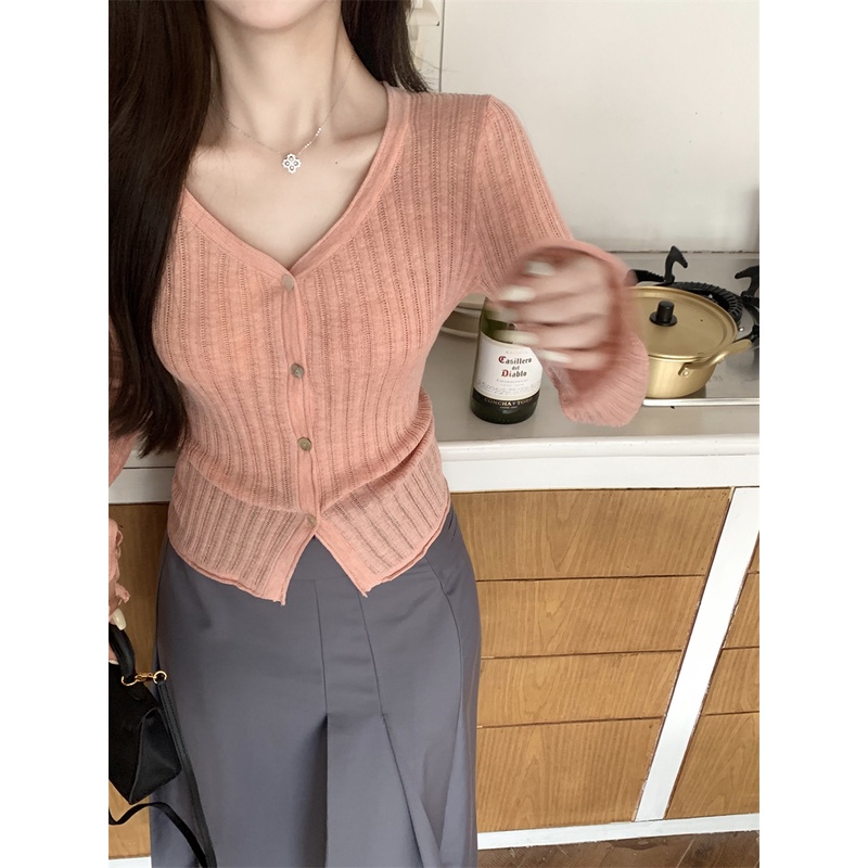 Áo Khoác Cardigan Dệt Kim Cổ Chữ V Màu Sắc Đơn Giản Cho Nữ