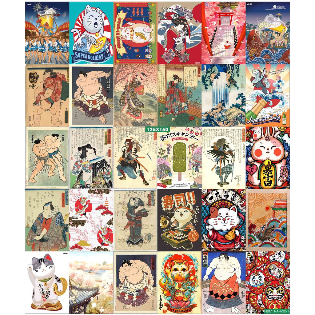 Combo Set 50 tờ Decal dán tường Mèo Thần Tài Nhật Bản Khổ A3,A4,A5