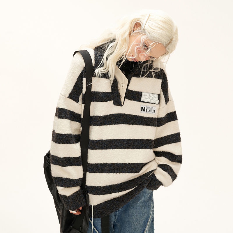 Áo Sweater polo Dệt Kim Dáng Rộng Kẻ Sọc Thời Trang Thu Đông 2022 Cho Các Cặp Đôi