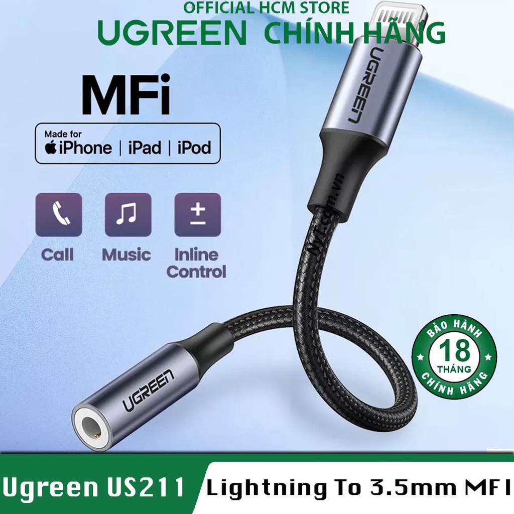 Cáp Chuyển Tai Nghe IP sang 3.5mm Audio chuẩn MFI UGREEN US211 - BH 18T Chính Hãng