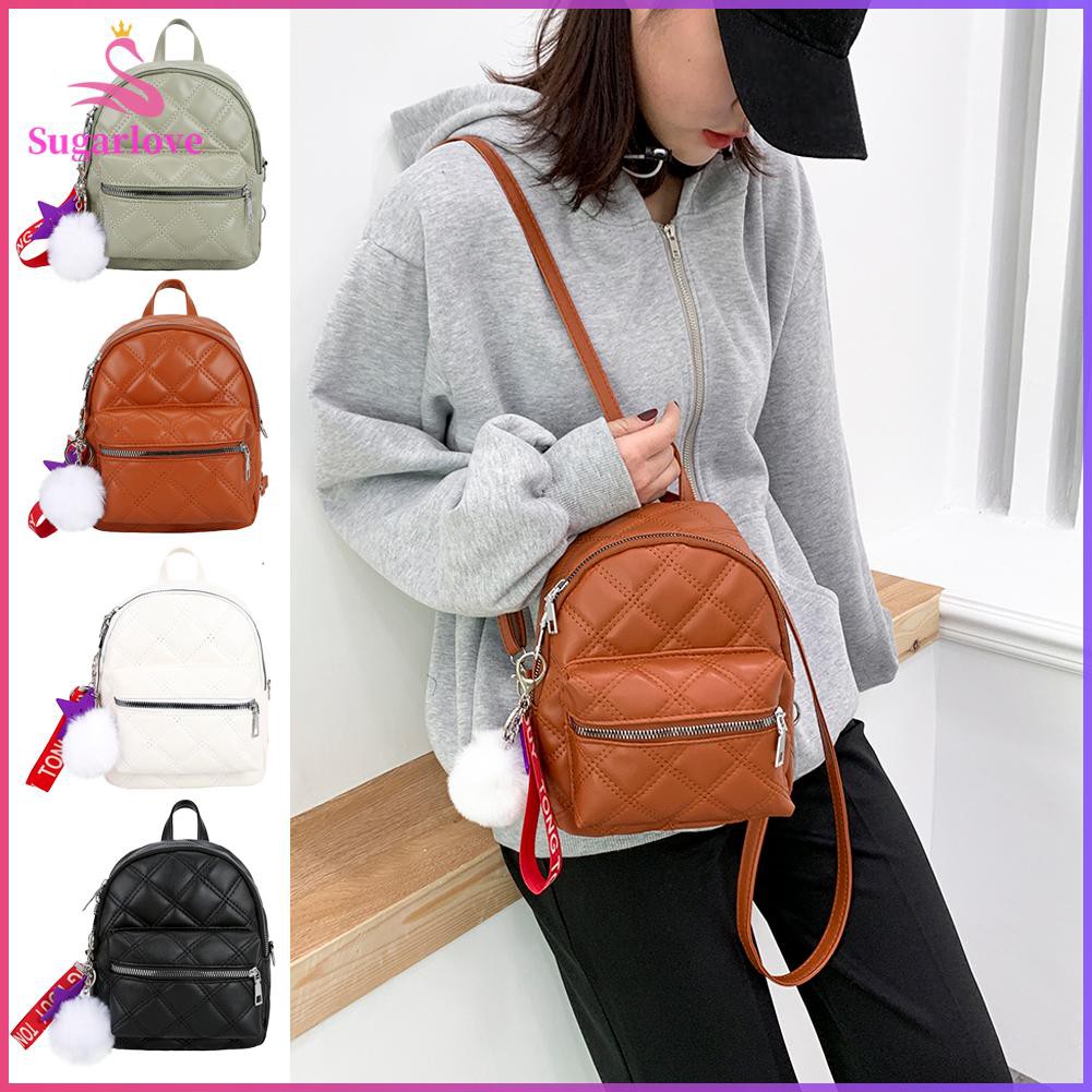 Beautiful※PU Leather School Backpack Lattice Pattern Women Pompom Shoulder Messneger Bags