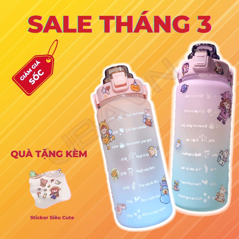 Bình Đựng Nước 2 Lít Có Chia Vạch Tặng Sticker Cute Dễ Thương Báo Giờ Dành Cho Người Lười Uống Nước UBAVN028