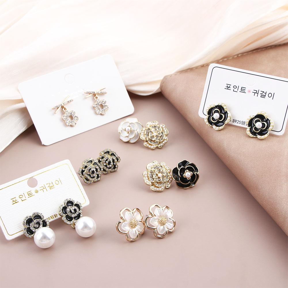 Bông Tai Hình Hoa Trà Đính Đá Lấp Lánh Sang Trọng|Dầu Thả Phong Cách Hàn Quốc