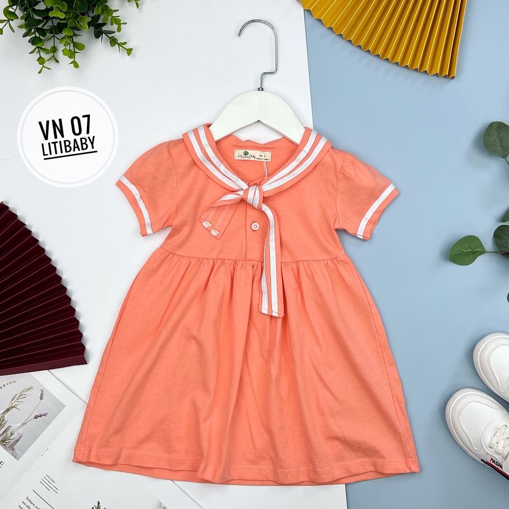 Đầm thun cotton trơn phối cổ nơ hải quân cho bé gái từ 10-37kg
