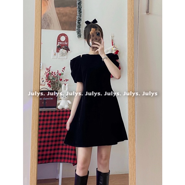 Đầm nhung tay bồng cut out (ảnh thật shop chụp kèm video)