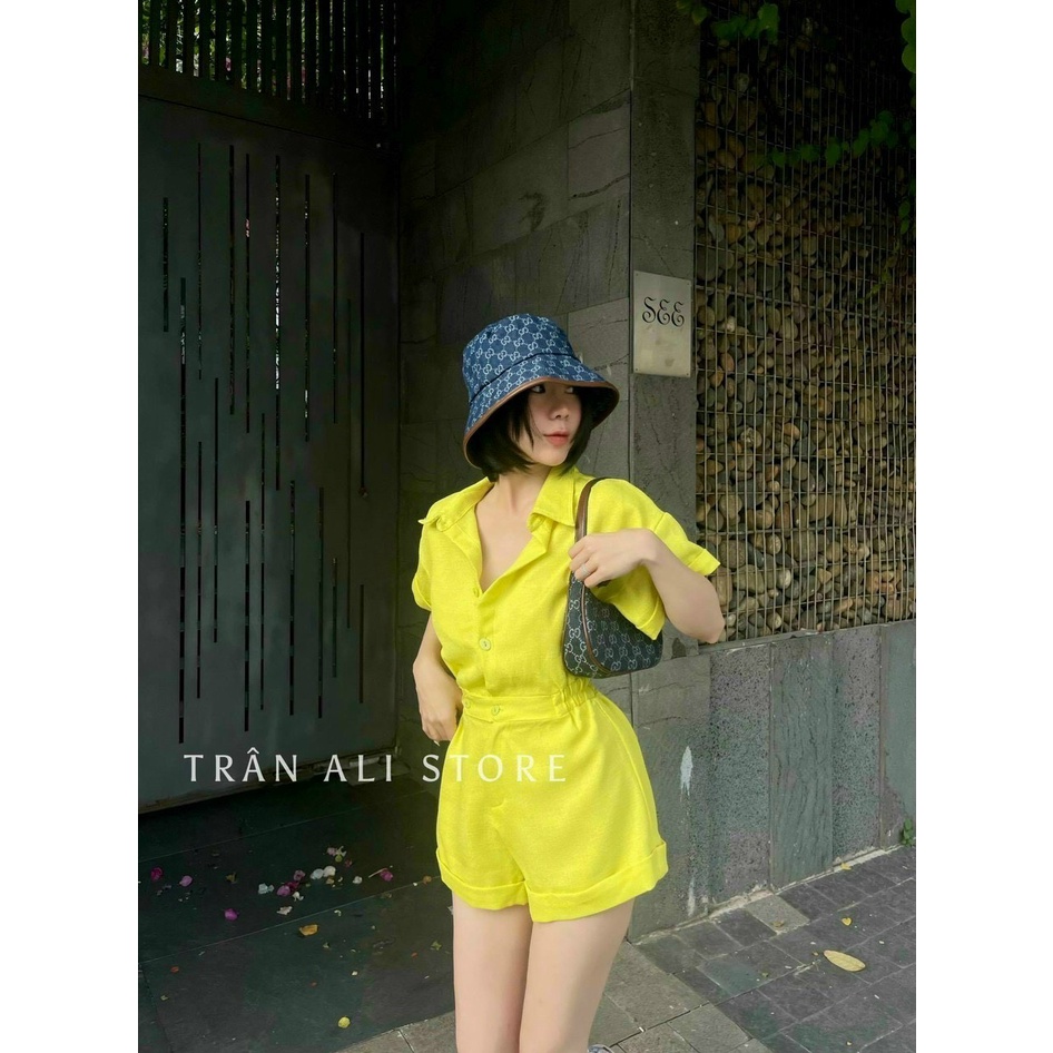 Jumpsuit nữ, jum đùi áo sơ mi gài nút tay ngắn quần đùi màu sắc hot trend, đi biển xinh xắn