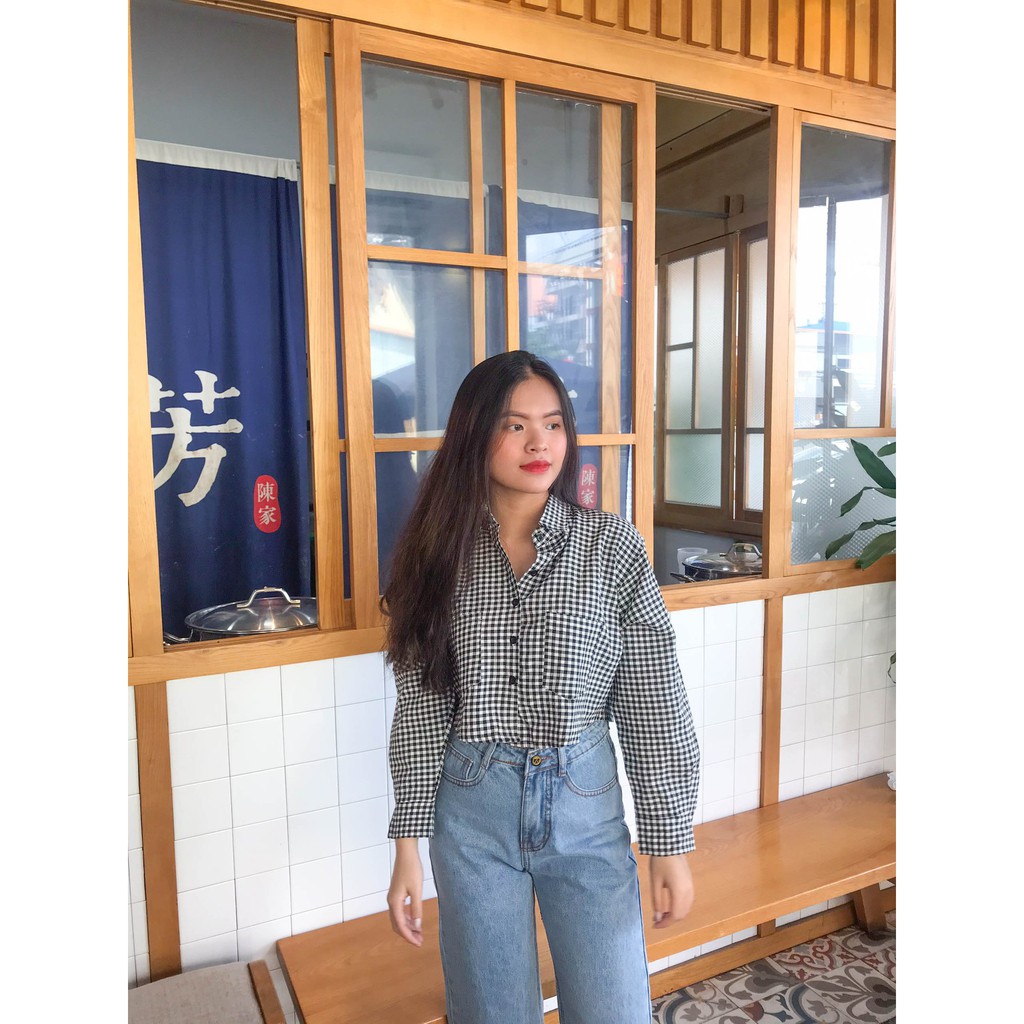 ÁO SƠ MI CARO CROPTOP TAY DÀI 2 TÚI