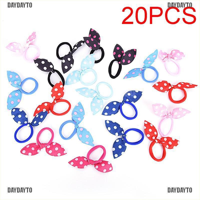 Bộ 20 Dây Cột Tóc Tai Thỏ Họa Tiết Chấm Bi Xinh Xắn Giá Đỡ