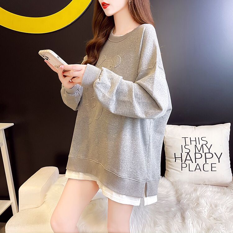 ZHELIHANGFEI Áo Hoodie Giả Hai Lớp Tay Dài Dáng Rộng In Hình Gấu Phong Cách Thể Thao Thời Trang