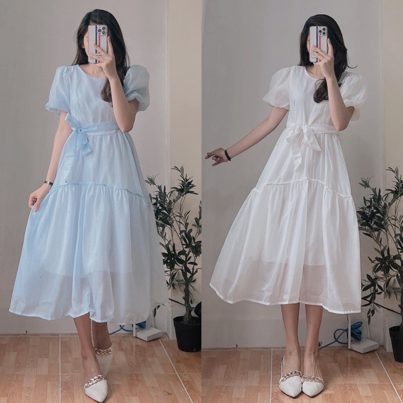 Đầm voan công chúa 2 lớp xếp tầng bồng bềnh đầm voan hai màu thắt dây đai eo siêu xinh