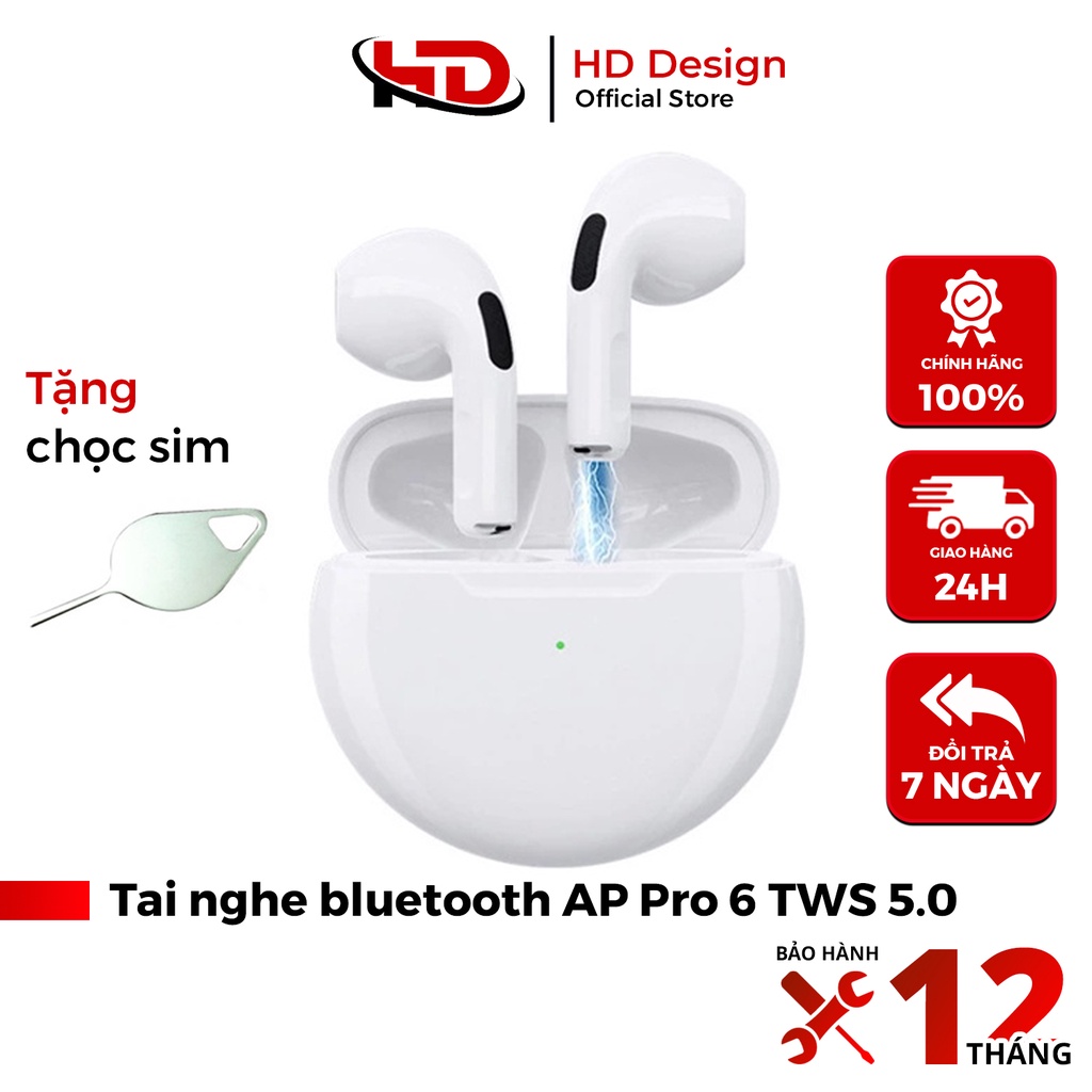 Tai Nghe Không Dây Bluetooth Pro 6 TWS 5.0 - Có Mic - Cảm Biến - Định Vị - Đổi Tên - Chính Hãng HD DESIGN