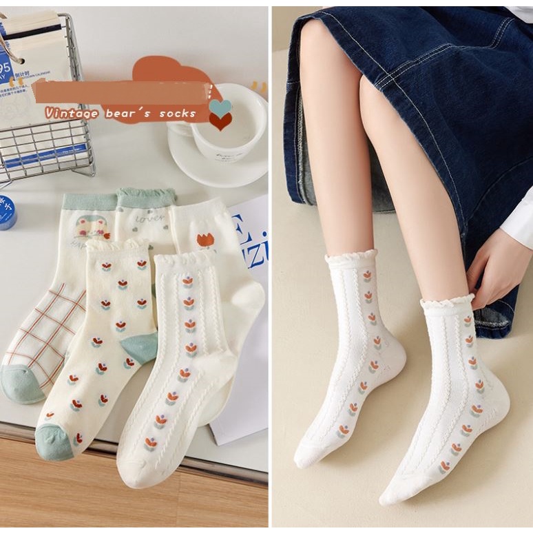Set 5 Đôi Tất Vớ Nữ Cao Cổ Mix Hoa H1