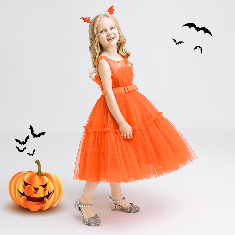 Bộ 2 Đầm Công Chúa Phối Ren Màu Đen Cam L2099XZ Hóa Trang Halloween Cho Bé Gái