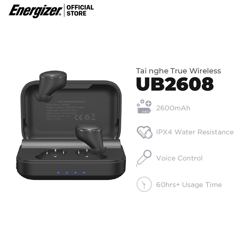 Tai nghe True Wireless Energizer UB2608 - tích hợp hộp sạc di động 2600mAh, chống thấm nước IPX4, bluetooth V5.0